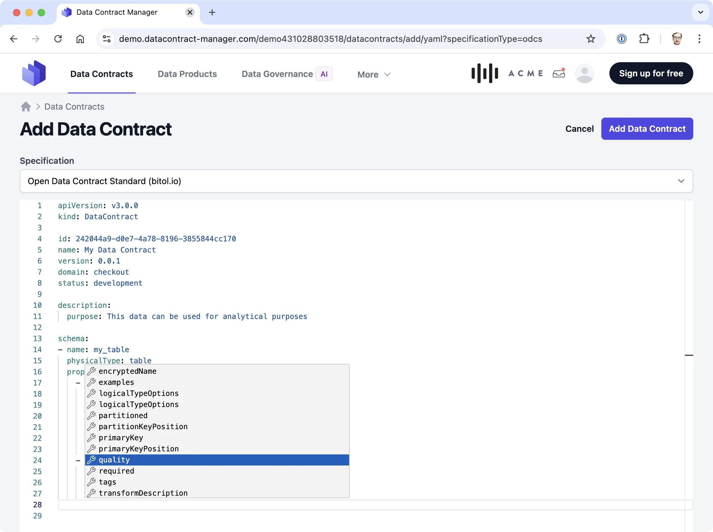 Screenshot of the data contract editor for ODCS in Entropy Data