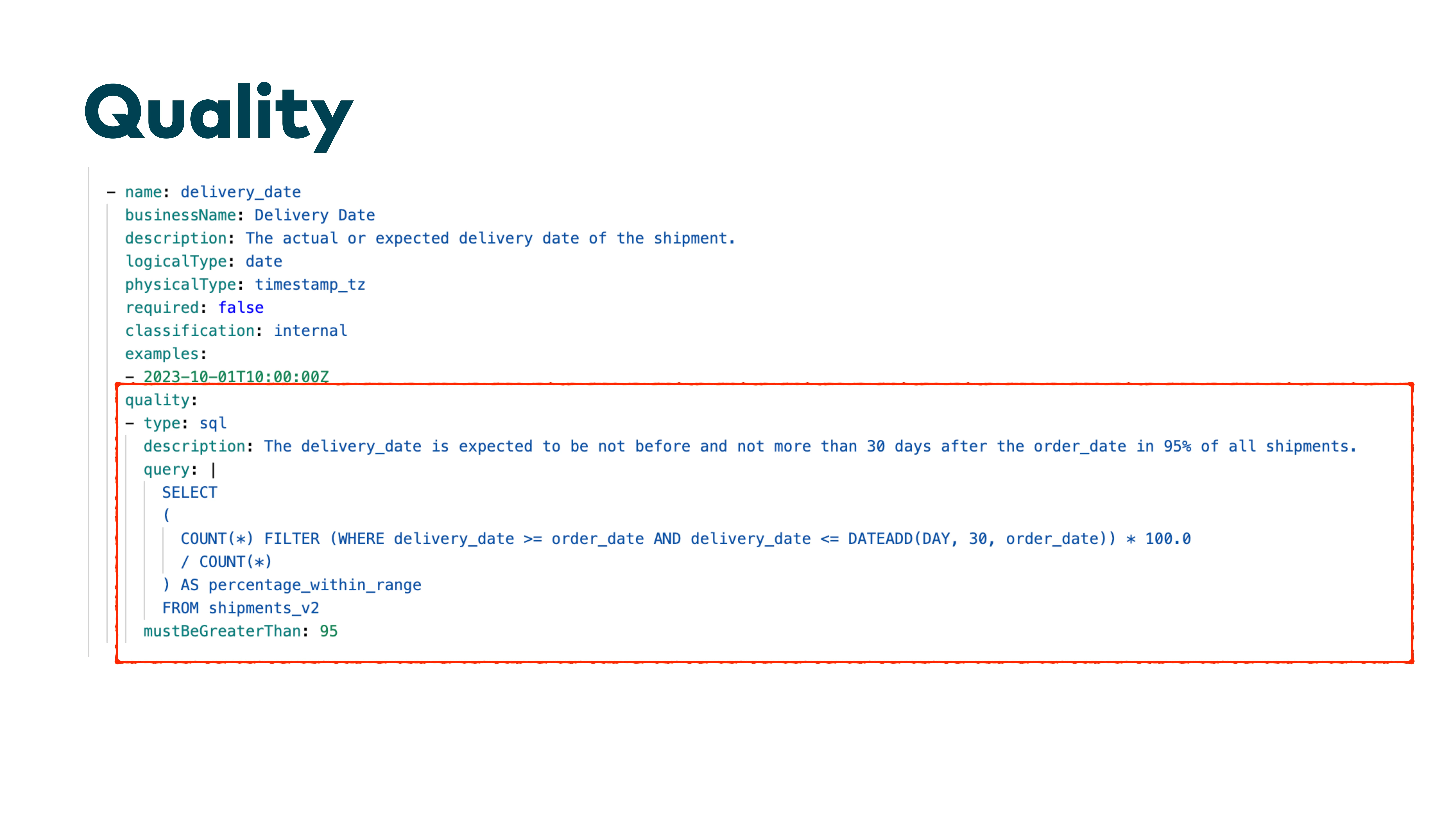 Slide: Quality - delivery_date with SQL quality rule
