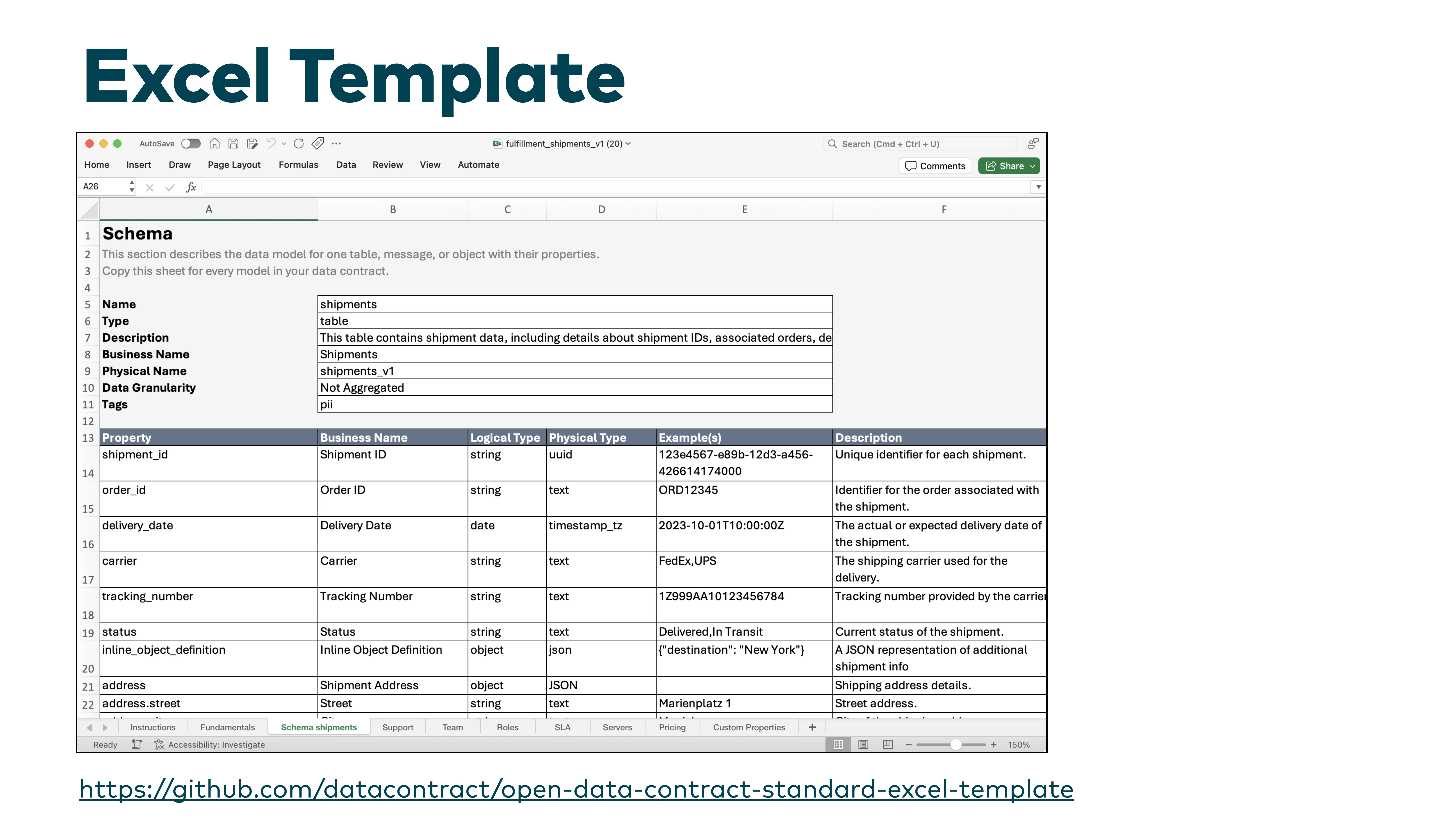 Slide: Excel Template for data contracts with schema sheet