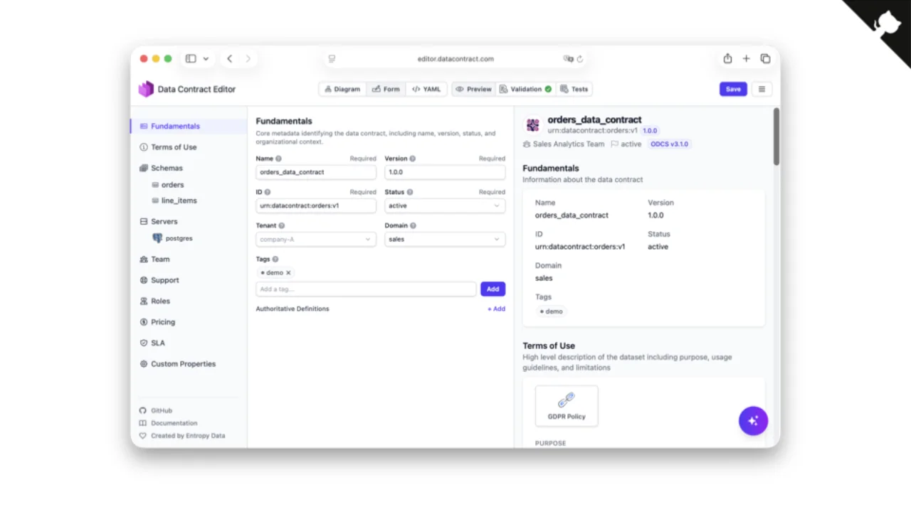 Data Contract Editor -- diagram, form, YAML, preview, validation, tests