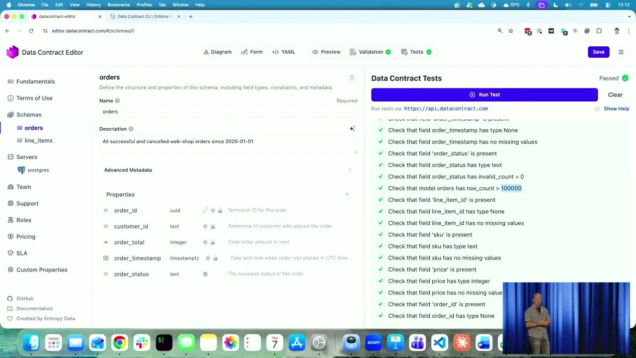 Live demo: data contract tests all passing against Supabase Postgres, including row_count > 100000