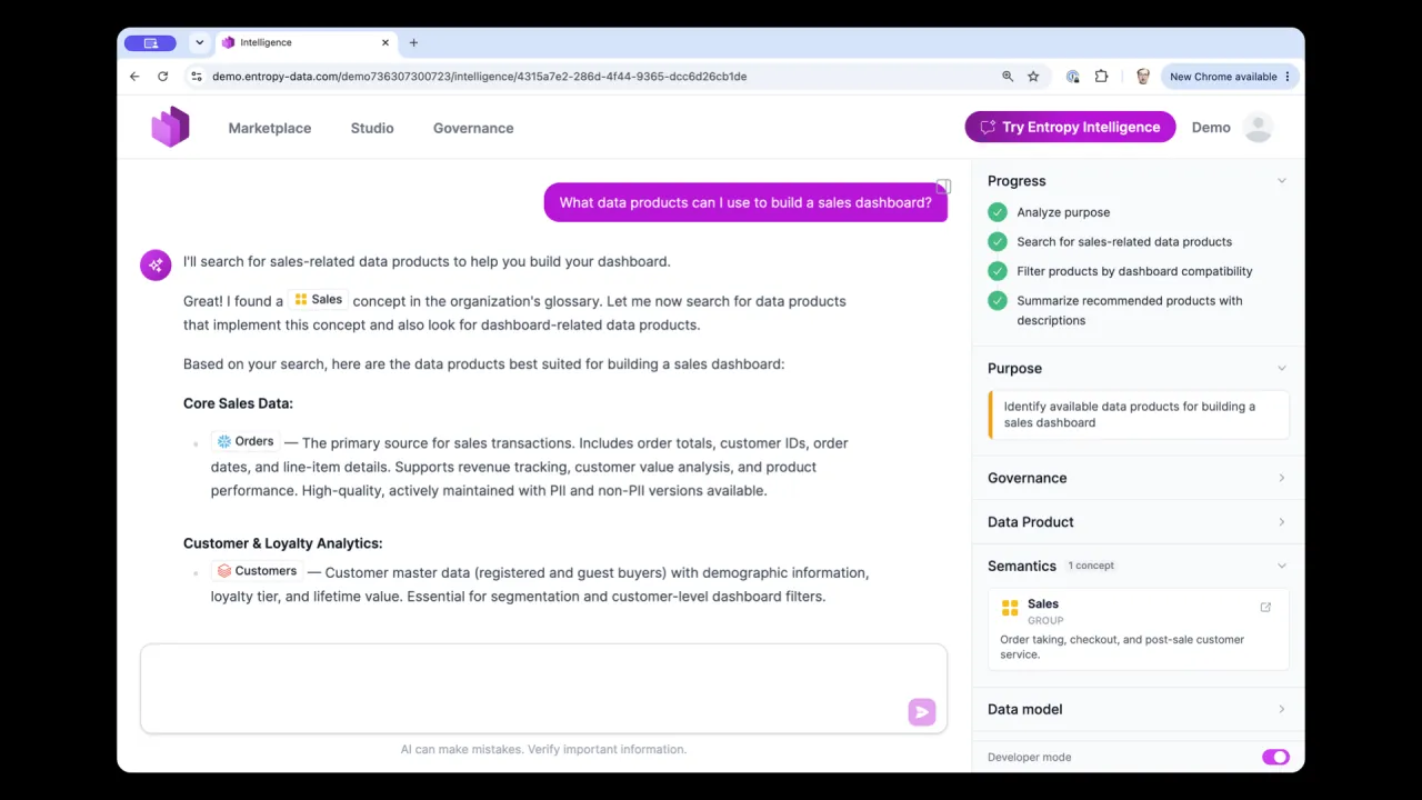 An agent reading data products from the marketplace and respecting the terms of use