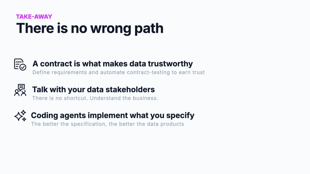 There is no wrong path: a contract is what makes data trustworthy, talk with your data stakeholders, coding agents implement what you specify