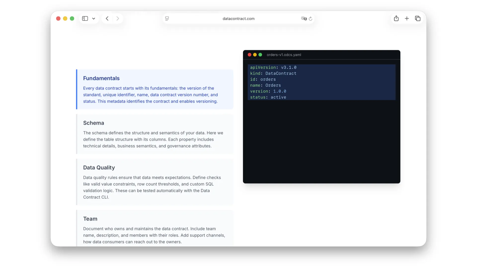 datacontract.com walkthrough: the Fundamentals section of an ODCS YAML, with apiVersion, kind, id, name, version, status