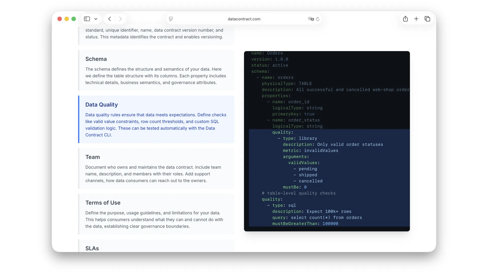 datacontract.com walkthrough: the Data Quality section of an ODCS YAML, with library checks and a custom SQL query acting as a quality check