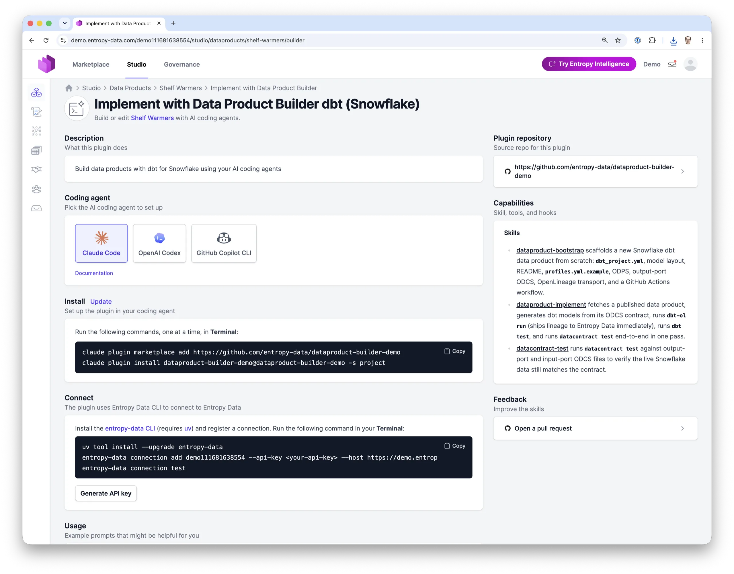 The Data Product Builder tab on a data product page with agent selection and install commands
