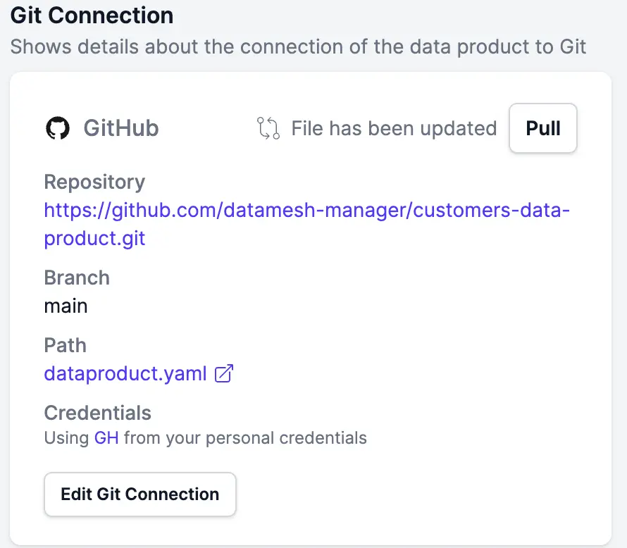 The Git connection card showing 'File has been updated' and a Pull button after the connected file changed in Git