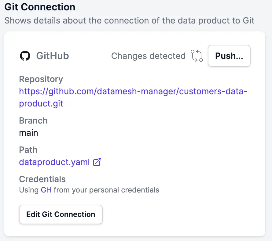 The Git connection card showing 'Changes detected' and a Push button
