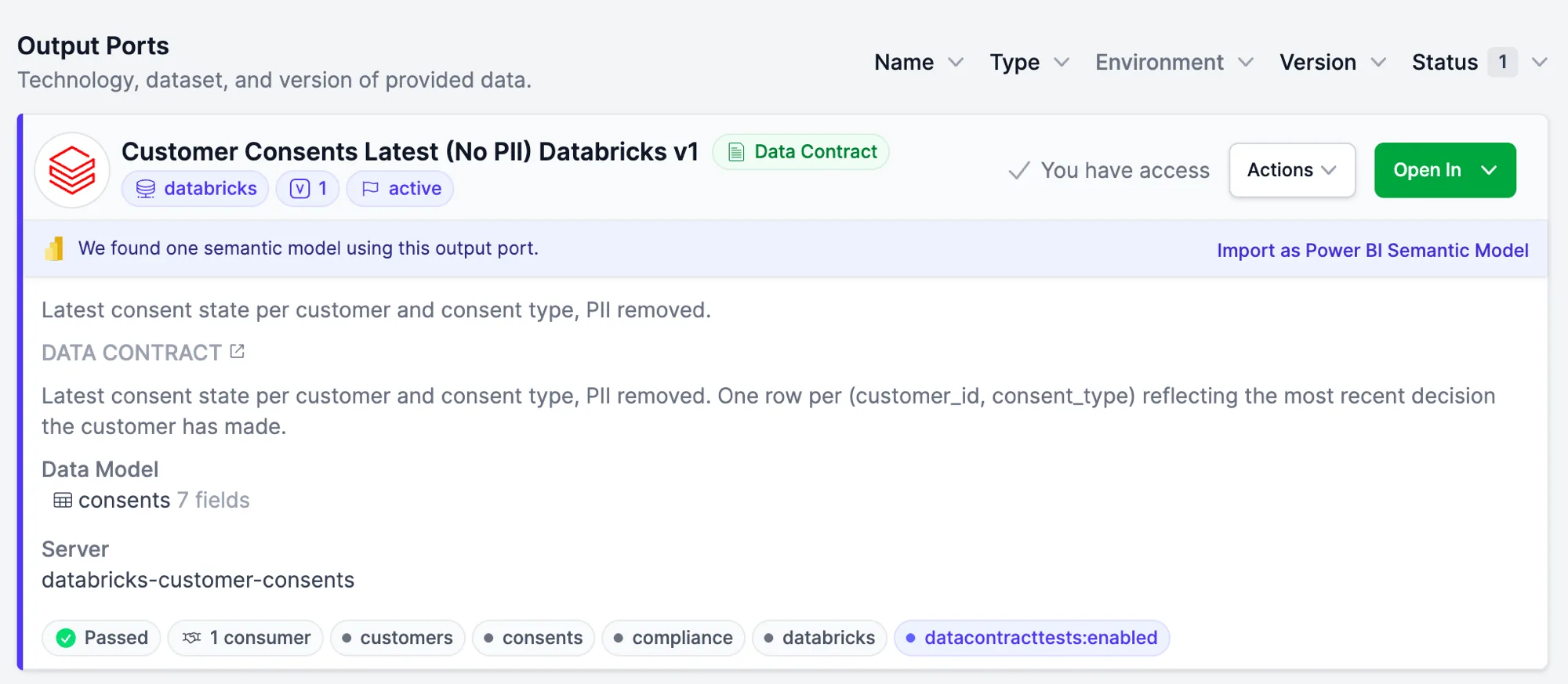 Entropy Data suggesting a matching Power BI semantic model on a data product output port