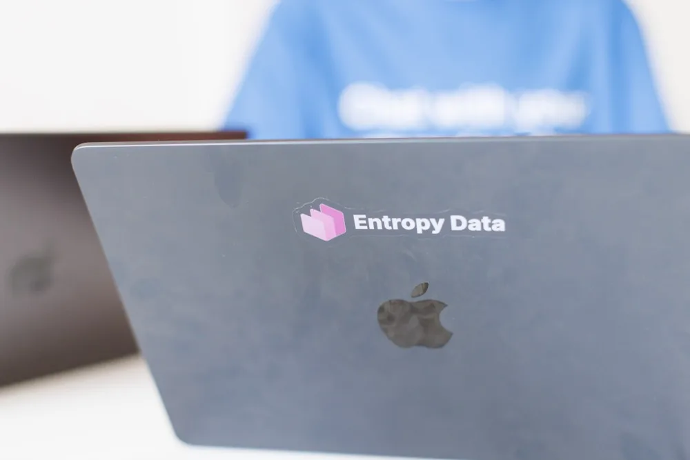 A laptop with an Entropy Data sticker during a working session
